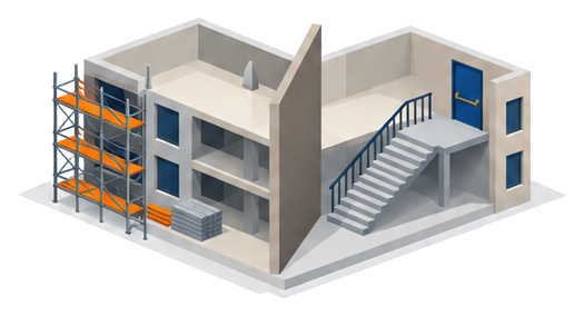 工事中の建物を耐火構造の壁で仮使用部分とその他の部分に区画していることを示したイメージ