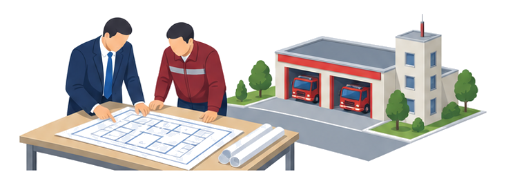 図面を囲んで打ち合わせる建物関係者と防災屋スタッフのイラスト