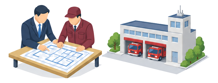 図面を囲んで打ち合わせる建物関係者と防災屋スタッフのイラスト