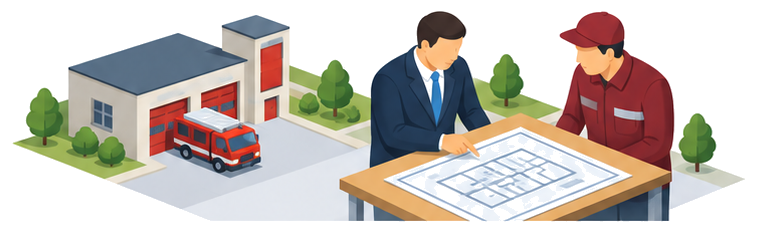 図面を囲んで打ち合わせる建物関係者と防災屋スタッフのイラスト