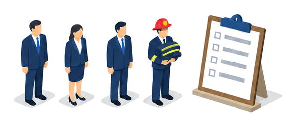 消防団員として働く従業員と会社側の配慮を確認するチェックリストのイラスト