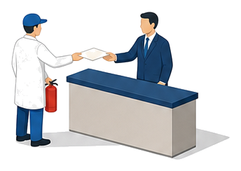 申請書と製品を受け取った検査員が公正に試験を進めている様子