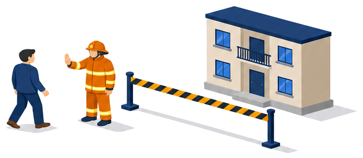 消防警戒区域のテープと退去を求める消防吏員のイラスト