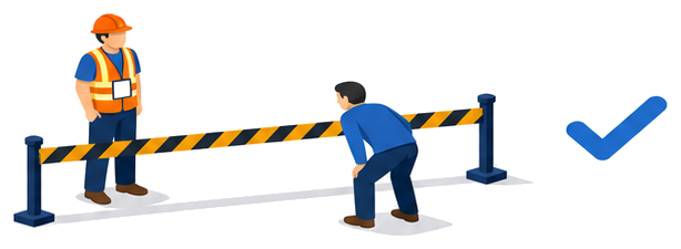警戒区域内に残れる関係者と外で待つ人のイラスト