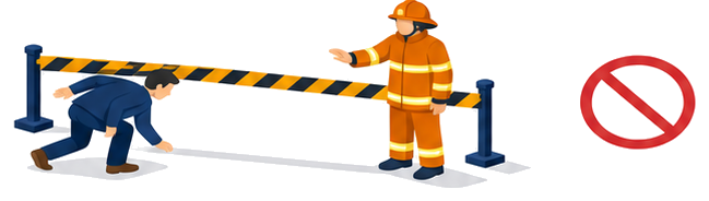 警戒区域のテープをくぐる人と罰則を示すイラスト