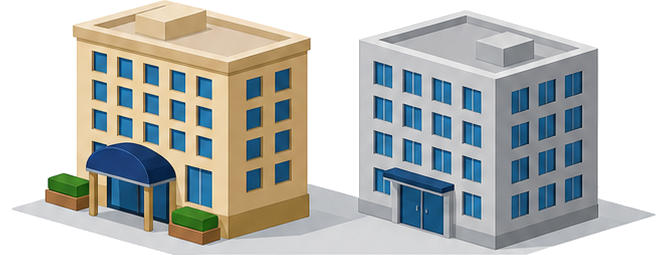 ホテル風の建物と事務所ビルを並べたイラスト