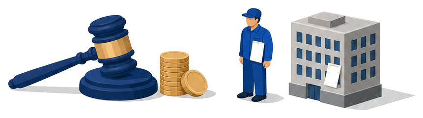 木づちと硬貨、呼び出し状を受け取る人物と会社の建物