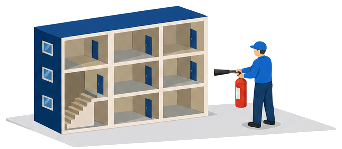 仕切られた区画のある建物と消火器を構える人物のイメージ