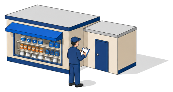 クリップボードを持った点検者が店舗と配合室の前に立っているイラスト