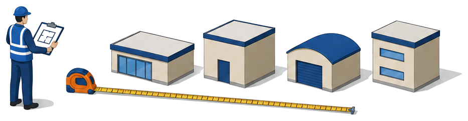 点検者がメジャーと図面を手に建物の前に立っているイラスト