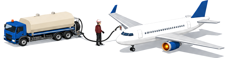 エンジンが稼働したままの航空機に給油タンク車が接続され専門的な作業員が立ち会うイメージ