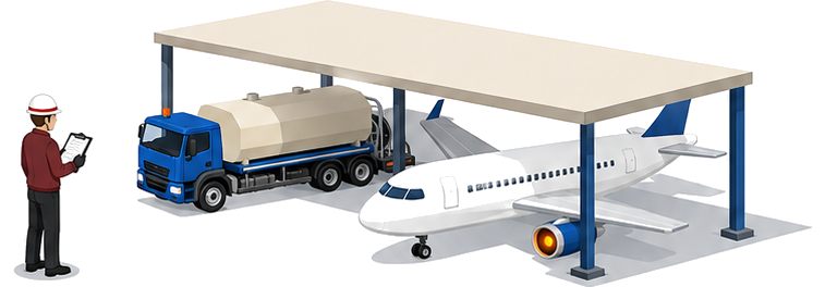 チェックリストを持つ管理者が給油設備と航空機を確認しているイメージ