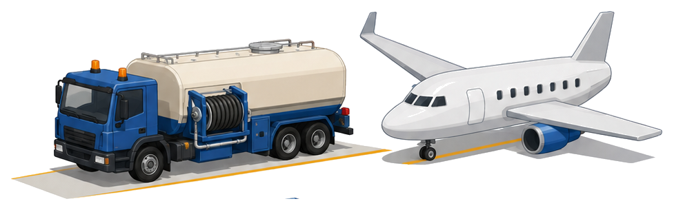 コイル状のホースを備えた給油タンク車が航空機のそばに停まっているイメージ