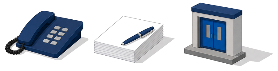 電話と書類とペンと建物の入口が並ぶ準備の手順を示す図