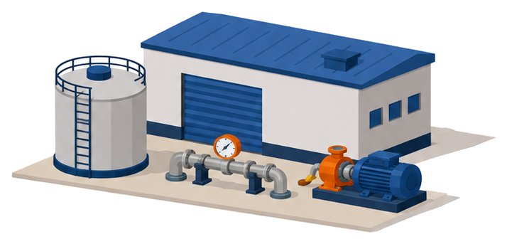 製造所の建物とタンク配管電動機をまとめて示すイラスト