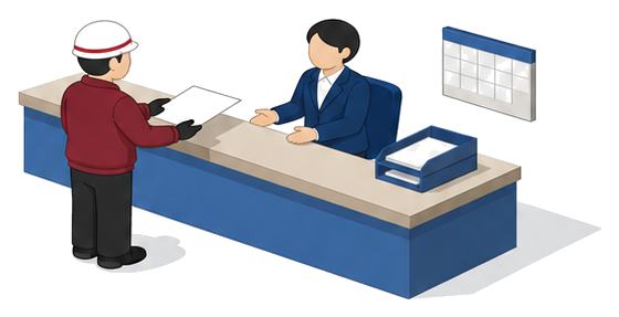 窓口で担当者に書類を手渡す人物のイラスト