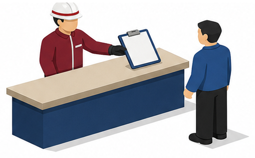 受付カウンターで書類を手渡す作業服姿の人物のイラスト