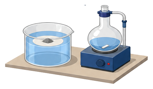 ろ紙と磁器の器具を使い水を張った容器でガスを観察するイラスト