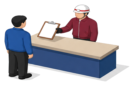 受付カウンターで書類を手渡す作業服姿の人物のイラスト