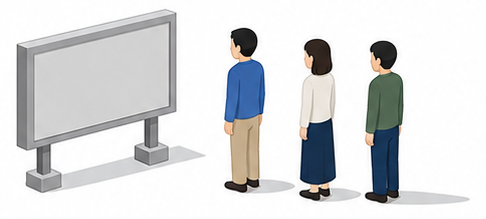 標識の前に立つ所有者・管理者・入居者を示す複数の人物