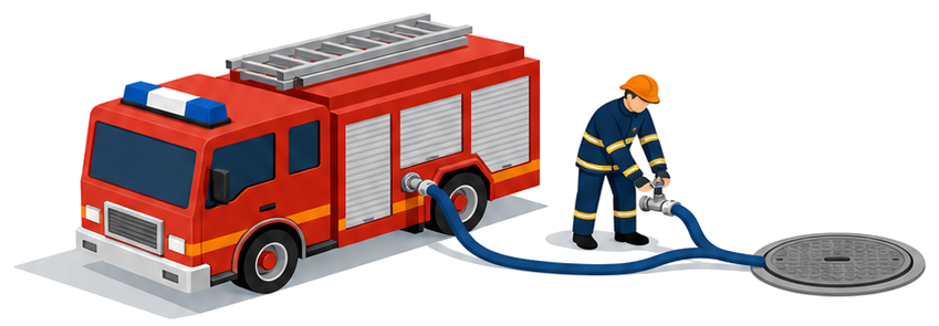消防車が地中の水利設備からホースで取水し隊員が操作するイラスト