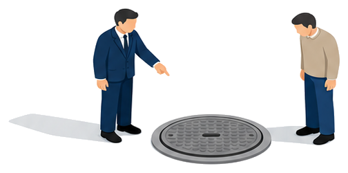 敷地内の水利設備を指し示す防火管理者と確認する従業員のイラスト