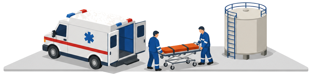 救急車と隊員がタンクのそばで対応するイラスト