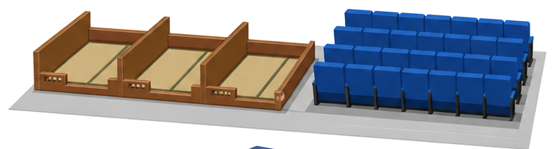 ます席と固定いす席の前を横切る横通路のイラスト