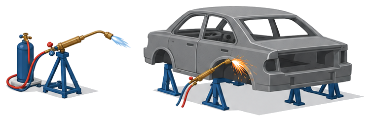 ガス溶接や自動車の解体作業などが溶接作業等に含まれることを示したイメージ