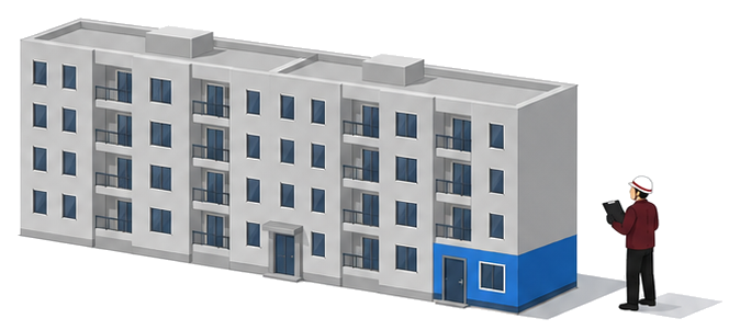 集合住宅の建物の一角にある小さな福祉施設の区画を見上げる担当者のイラスト