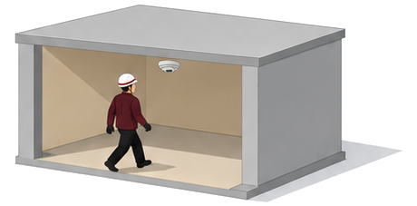 自力で戸口から避難する入居者と天井の感知器を示したイラスト