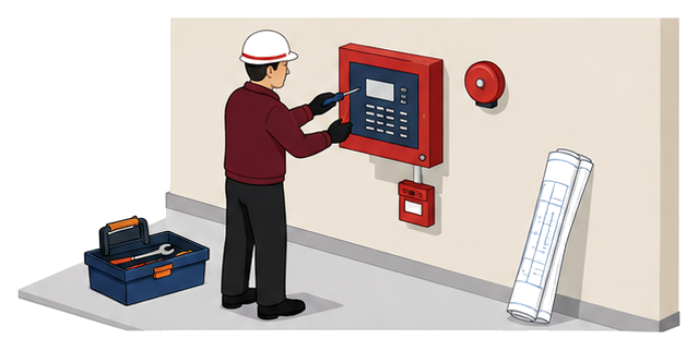 壁の受信機を取り付ける作業員と、そばに置かれた図面のイラスト