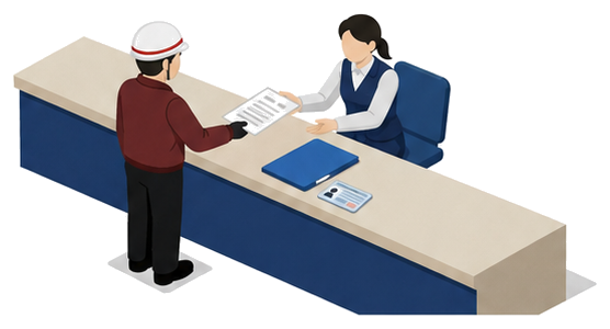 県庁の窓口で申請書類を差し出す作業着姿の人物と対応する職員のイラスト