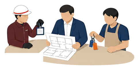 作業着姿の人物とビルオーナーとテナントの担当者が図面を囲んで打ち合わせるイラスト