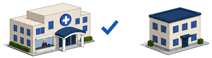 病院を思わせる建物と一般的なオフィスビルを並べ対象となる建物の違いを示したイメージ