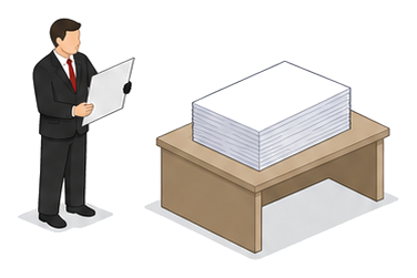 確認申請書類を手にする人物と罰則を示す掲示