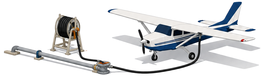 給油配管とホース機器だけで航空機に給油する設備の全体像を示すイラスト