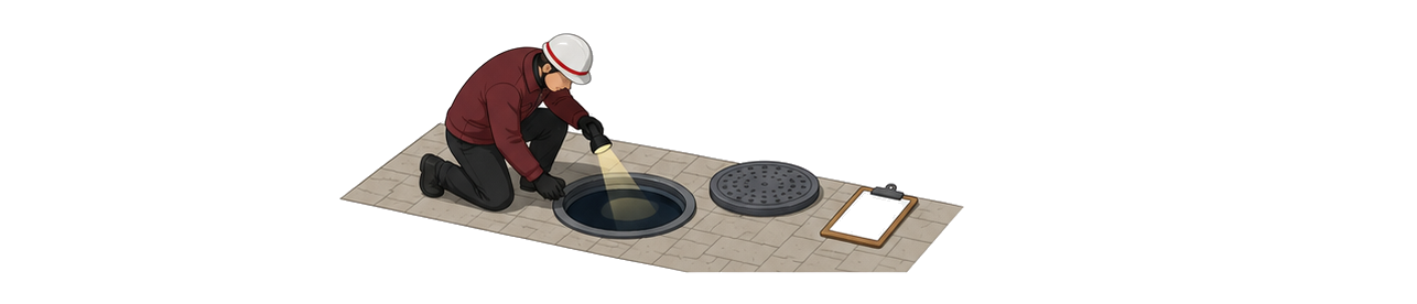タンク室の点検口を確認する作業員のイラスト