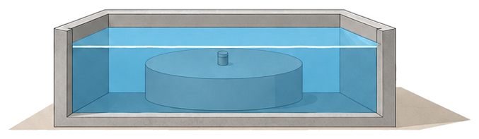 鉄筋コンクリートの水槽に完全に沈められたタンクの断面と水面のイメージ