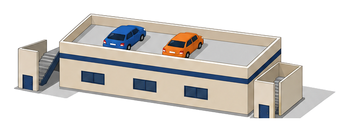 屋上を自動車車庫にした建物のへいと二つの直通階段