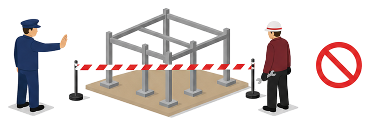行政職員が停止を求めるジェスチャーをする建設現場で作業を止める作業員の様子