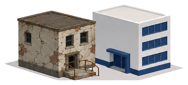 既存不適格の古い建物と新しい建物の外観比較