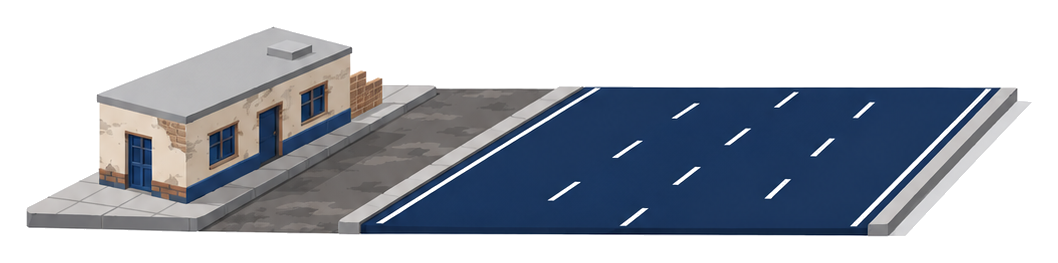 古い建物の前を通る狭い道路と、拡幅されて広くなった道路の対比