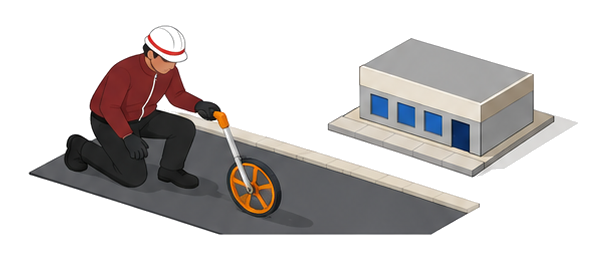 道路の幅を測量する担当者と奥に見える建物