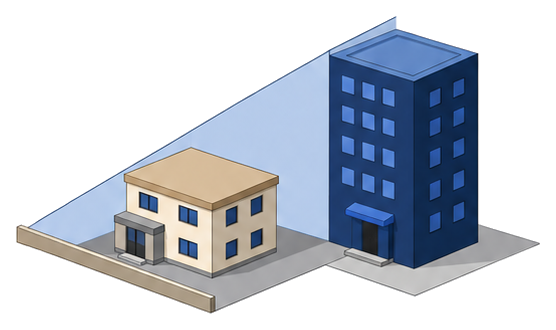 隣接する2つの建物と斜めに立ち上がる見えない境界面