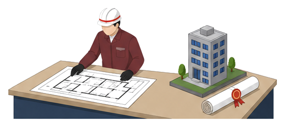 図面を確認する担当者と建物の模型