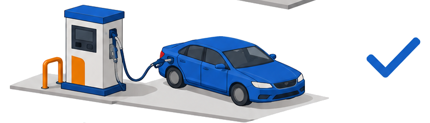 自動車用の燃料充塡設備と隣で給油を受ける乗用車に付いた許可マーク