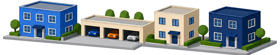 複数の建物の間に建つ共用の自動車車庫のイラスト