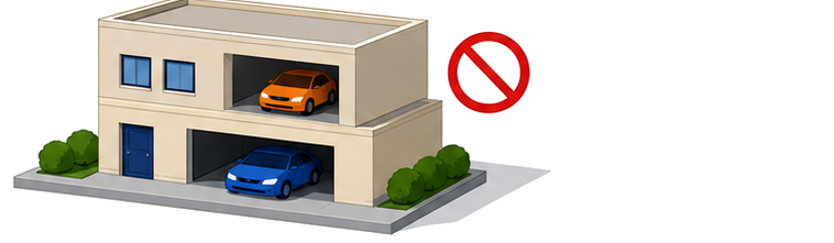 建物の上階に建つ禁止マーク付きの小さな自動車車庫のイラスト