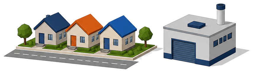 住宅街の一角に建つ小さな工場のイラスト